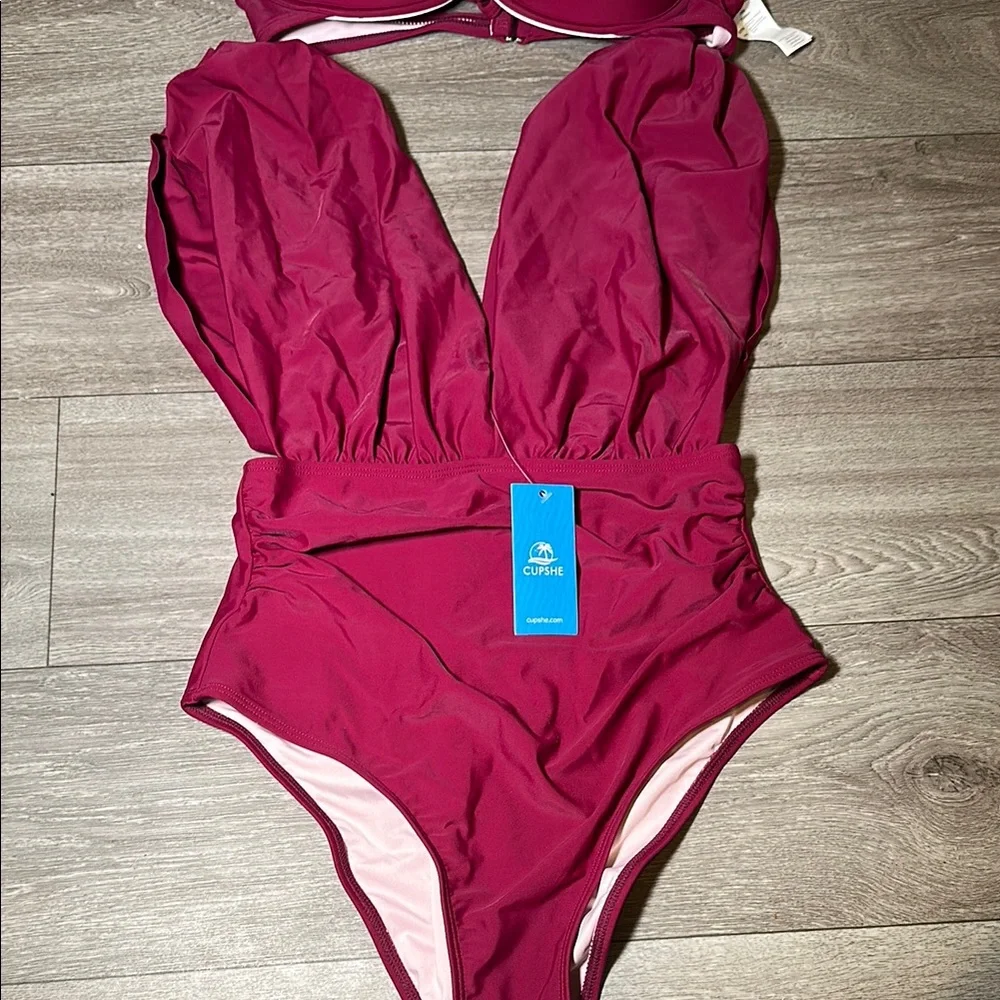 Cupshe Red One Piece Swimsuit with Plunging V-Neck & top that goes underneath. - Picture 2 of 7